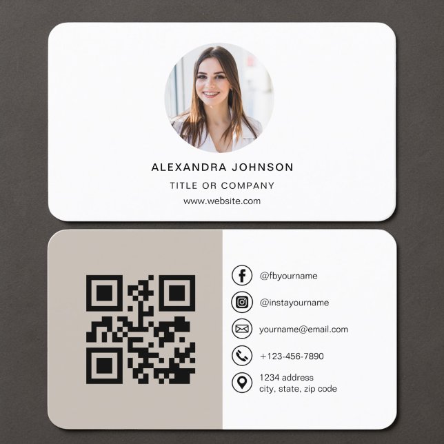 Cartão De Visita Código QR de Foto Bege (Criador carregado)