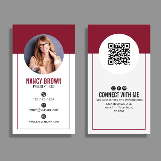 Cartão De Visita Código QR de Foto Bege Borgonha Conecte-se Comigo
