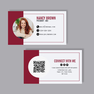 Cartão De Visita Código QR de Foto Borgonha Conecte-se Comigo
