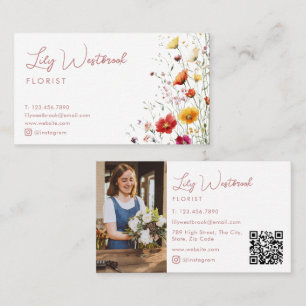 Cartão De Visita Código QR de Foto com Fonte Script de Flor Silvest
