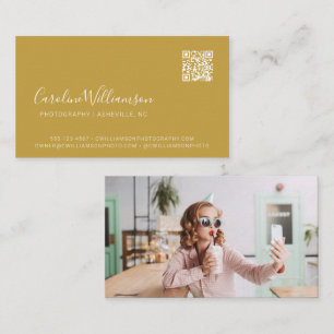 Cartão De Visita Código QR de Foto com Letra Amarela Mostarda Moder