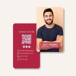 Cartão De Visita Código QR de Foto Conecte-se Comigo Burgundy Moder