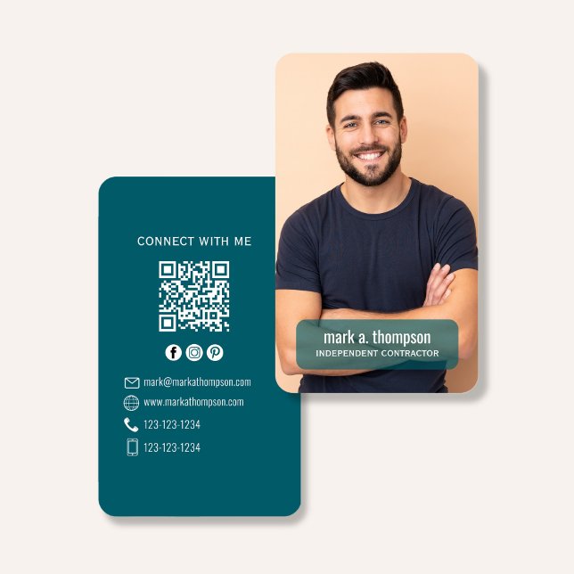 Cartão De Visita Código QR de Foto Conecte-se Comigo Teal Moderno (Modern photo QR code contact design with teal layout and clean professional branding)