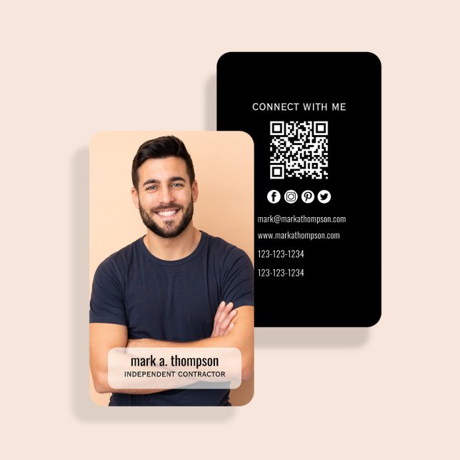 Cartão De Visita Código QR de Foto Conecte-se Modernamente Comigo N (Professional QR code business card with photo and contact details layout)
