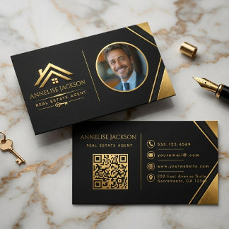 Cartão De Visita Código QR de Foto de Agente Imobiliário Luxo Azul