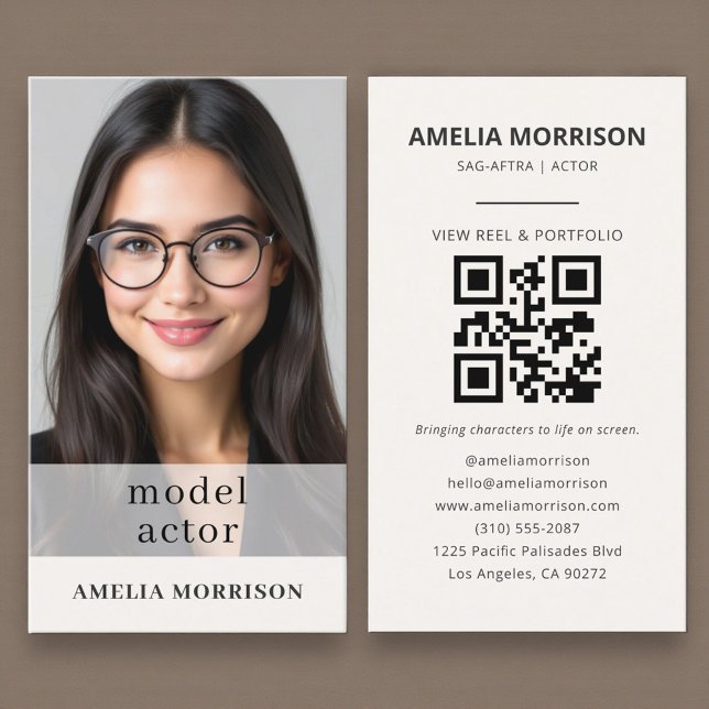 Cartão De Visita Código QR de Foto de Ator Modelo Moderno (Criador carregado)