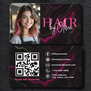 Cartão De Visita Código QR de foto de cabeleireiro preto rosa