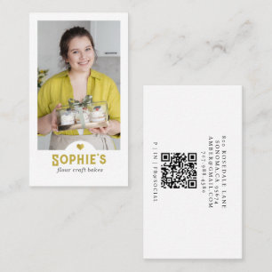 Cartão De Visita Código QR de Foto de Chef de Padaria Gold Baker