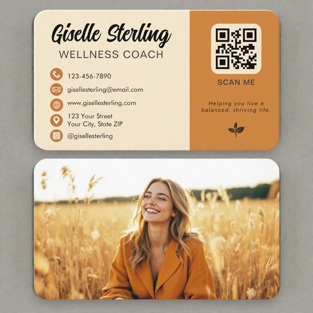 Cartão De Visita Código QR de Foto de Coach de Bem-Estar (Criador carregado)