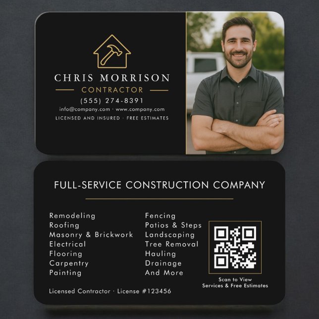 Cartão De Visita Código QR de Foto de Construção de Edifícios Preto (Criador carregado)