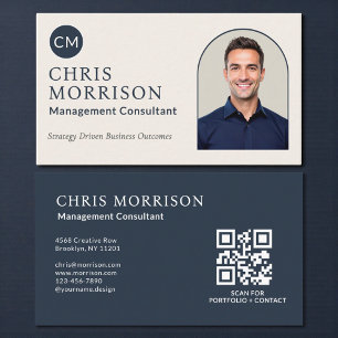 Cartão De Visita Código QR de Foto de Consultor de Gestão Azul Mari