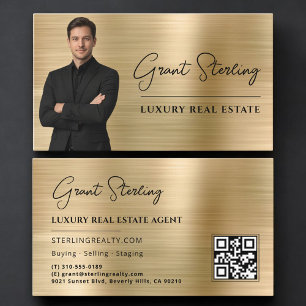 Cartão De Visita Código QR de Foto de Imóveis Metálico Dourado