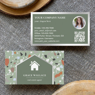 Cartão De Visita Código QR de Foto de Imóvel Terrazzo Modern Sage
