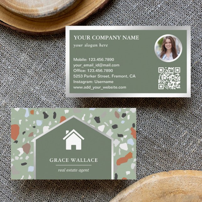 Cartão De Visita Código QR de Foto de Imóvel Terrazzo Modern Sage (Criador carregado)