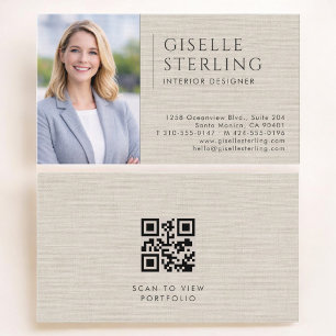 Cartão De Visita Código QR de Foto de Linho de Designer de Interior