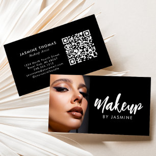 Cartão De Visita Código QR de Foto de Maquiagem com Letra Branca e