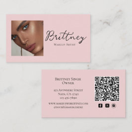 Cartão De Visita Código QR de Foto de Maquiagem em Rosa Bege Script