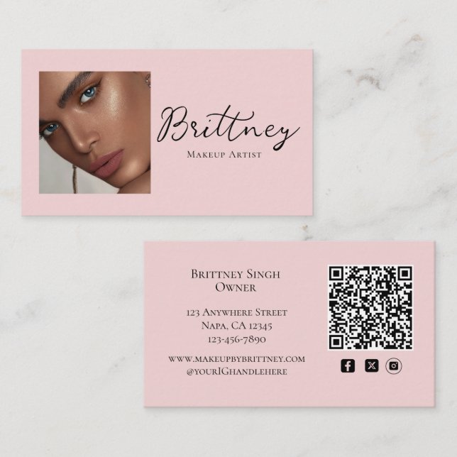 Cartão De Visita Código QR de Foto de Maquiagem em Rosa Bege Script (Frente/Verso)