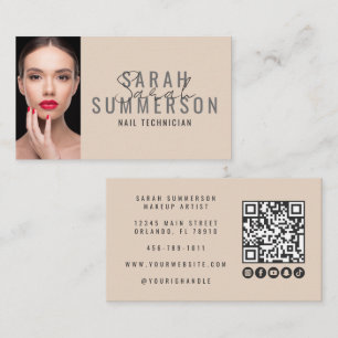 Cartão De Visita Código QR de Foto de Salão de Unhas Bege Moderno
