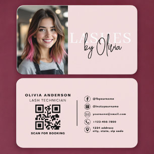 Cartão De Visita Código QR de Foto de Técnico de Cílios Rosa Blush
