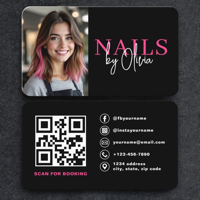 Cartão De Visita Código QR de Foto de Técnico de Unhas Moderno (Criador carregado)