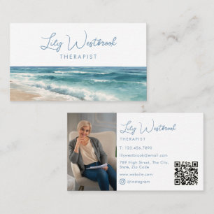 Cartão De Visita Código QR de Foto de Terapeuta Elegante Praia em A