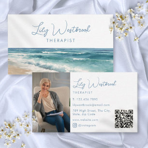 Cartão De Visita Código QR de Foto de Terapeuta Elegante Praia em A