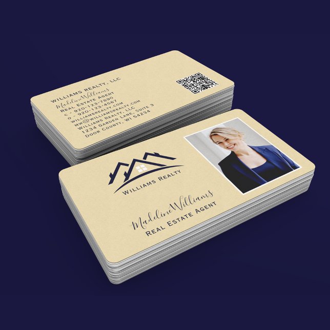 Cartão De Visita Código QR de Foto do Agente Imobiliário Dourado (Criador carregado)