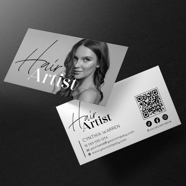 Cartão De Visita Código QR de Foto do Hairstylist Branco Elegante d (Criador carregado)