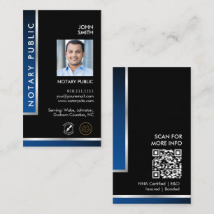 Cartão De Visita Código QR de Foto do Logotipo de Notário Preto Azu