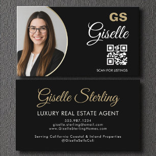 Cartão De Visita Código QR de Foto Dourada  do Agente Imobiliário d