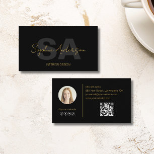 Cartão De Visita Código QR de Foto Dourada Preto do Monograma Moder