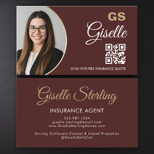 Cartão De Visita Código QR de Foto Dourado Burgundy para Agente de