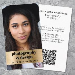 Cartão De Visita Código QR de Foto Moderno Dourado