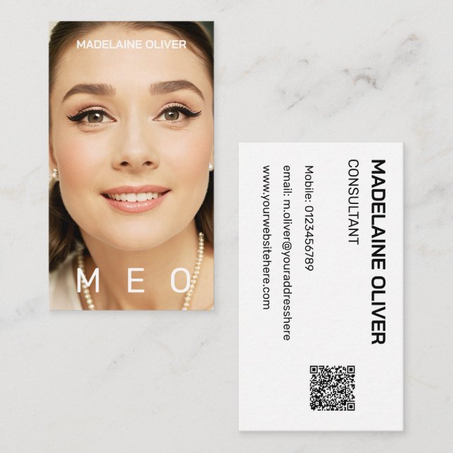 Cartão De Visita Código QR de Foto Monograma Simples Elegante (Frente/Verso)