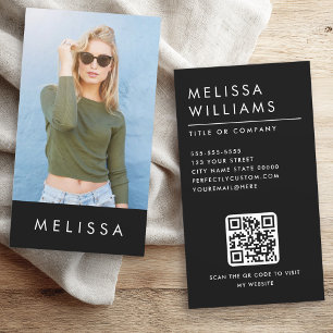 Cartão De Visita Código QR de foto personalizada minimalista preto 