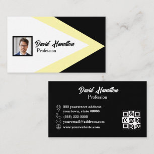 Cartão De Visita Código QR de foto Preto Branco Amarelo Geométrico