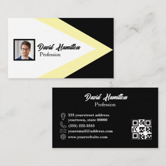 Cartão De Visita Código QR de foto Preto Branco Amarelo Geométrico