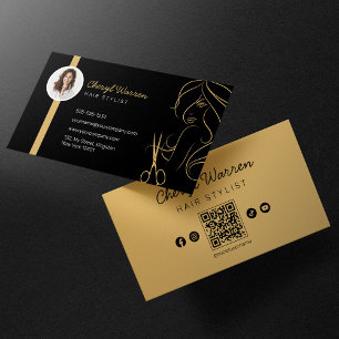 Cartão De Visita Código QR de Foto Preto do Hairstylist do Elegante