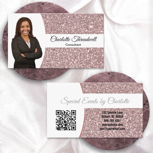 Cartão De Visita Código QR de Foto Profissional Brilho Falso Rose G (This chic double sided design offers room for a photo, QR code and other business details. )