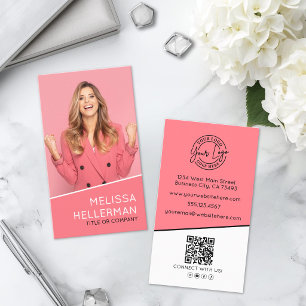 Cartão De Visita Código QR de Foto Profissional Logo Vertical Rosa