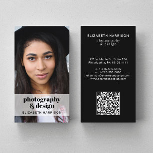 Cartão De Visita Código QR de foto profissional preto
