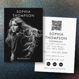 Cartão De Visita Código QR de Foto Profissional Preto de Tendência 