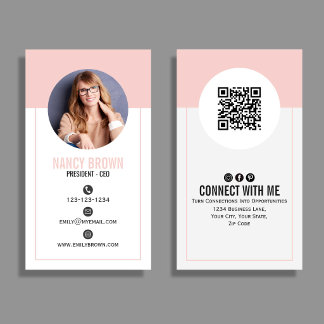 Cartão De Visita Código QR de Foto Rosa Bege Conecte-se Comigo Mini