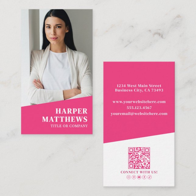 Cartão De Visita Código QR de Foto Rosa Vertical (Frente/Verso)