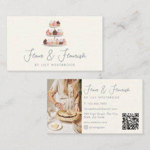 Cartão De Visita Código QR de Foto Script Cupcakes de Padaria Aquar