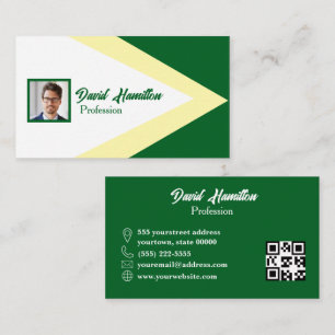 Cartão De Visita Código QR de Foto Verde Branco Amarelo Geométrico