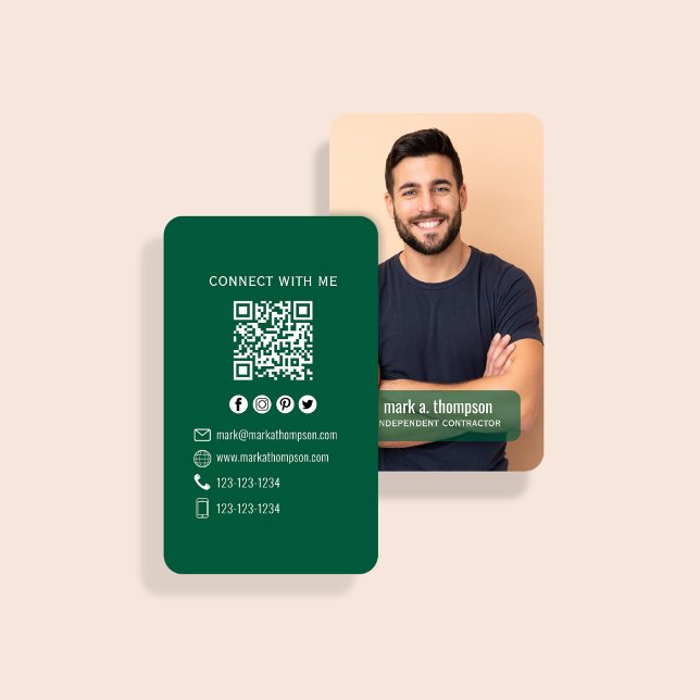 Cartão De Visita Código QR de Foto Verde Escuro Conecte-se Comigo (Dark green QR code card with photo and clean modern contact layout)