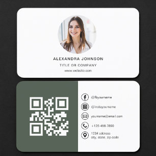 Cartão De Visita Código QR de Foto Verde Sage