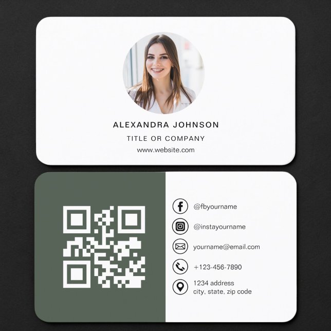 Cartão De Visita Código QR de Foto Verde Sage (Criador carregado)